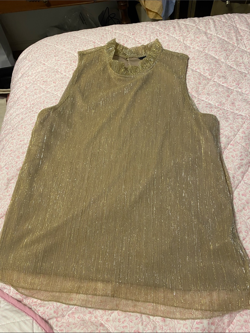 Sleeveless Metallic Gold Ruffle-Neck Women’s Top